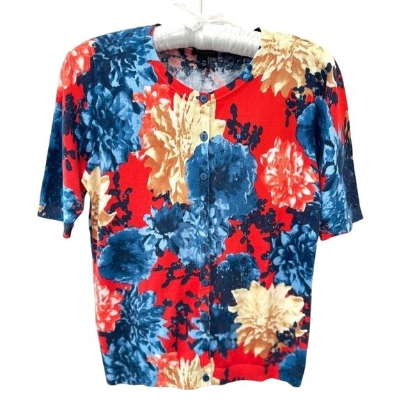 TALBOTS | Red Floral Print Cardigan Sweater Button Front Short Sleeve | XS - Picture 1 of 5